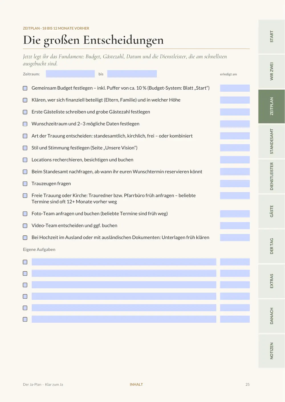 Zeitplan-Phase mit Checkliste und „erledigt am“