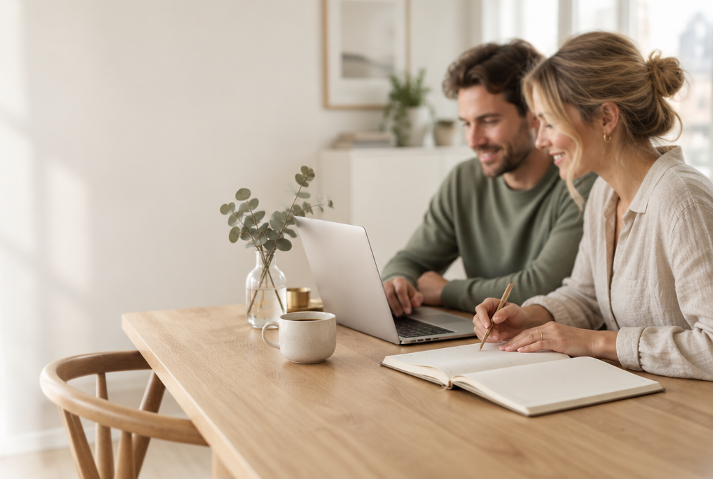 Paar plant gemeinsam am Tisch mit Laptop und Planer